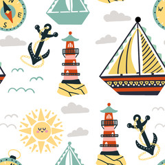 Childish texture for fabric, textile,apparel. Seamless cute pattern hand drawn lighthouse, clouds, sun, anchor, ship. Decorative cute wallpaper, good for print. Cute sea vector objects background.