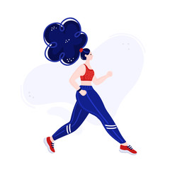 Girl with blue hair runs. Young runner. Running woman. Lifestyle. Poster for gym, sports equipment store. Advertising banner, cover, brochure, flyer, print on t-shirt. Vector illustration, eps10