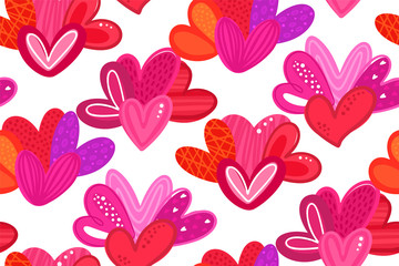 Seamless pattern of colorful hearts with hand-drawn texture. Design for Valentine's Day. Symbol of love. Holiday background for cover, wrapping papper, fabric, card, wallpaper. Vector illustratration