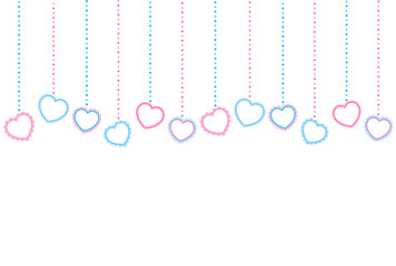 Horizontal pattern of light blue and pink hearts with an openwork edge and beads on a white background. Seamless vector border for holiday wrapping paper, printing on packaging, fabric, textile
