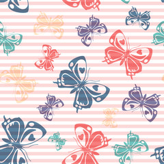 Fototapeta premium Flying butterfly silhouettes over striped background vector seamless pattern.