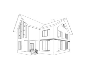 Vector wireframe perspective of luxury modern house exterior. 3D vector model of cottage isolated on white background.