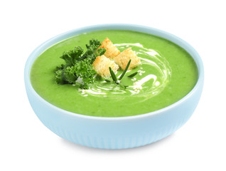 Tasty kale soup with croutons isolated on white