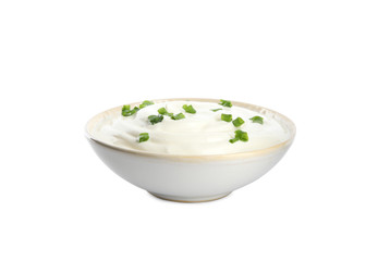 Fresh sour cream with onion on white background