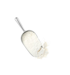 Scoop with flour isolated on white, top view