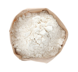 Organic flour in paper bag isolated on white, top view