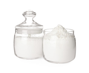 Organic flour in glass jars isolated on white