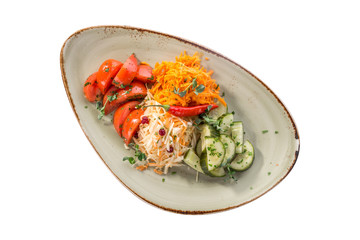 Pickled vegetables cucumber, tomato, carrot, cabbage Preserved food isolated on white background