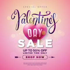 Valentines day sale design with red heart balloon on pink background. Vector special offer illustration for coupon, banner, voucher or promotional poster.