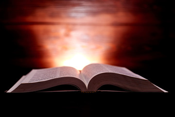 An open book on a shining brown background behind. The concept of learning, reading.