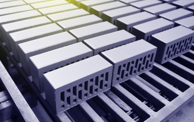 Obraz premium Brick production. New bricks on a conveyor belt at a brick factory. Text space