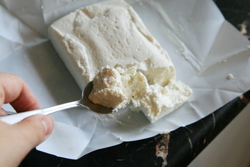 spoon with cottage cheese, healthy food