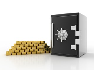 3d render Gold bars pile with locker