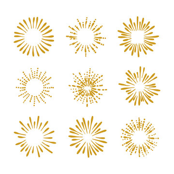 Vector Set of Doodle Circle Fireworks, Golden Lines Isolated on White Background.