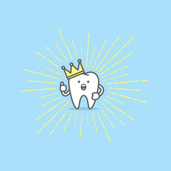 Tooth boy wearing a crown on light radius line illustration character vector design on blue background. Dental concept.