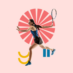 Creative sport and geometric style. Tennis player in action, motion on pink background. Negative space to insert your text or ad. Modern design. Contemporary colorful and bright art collage.