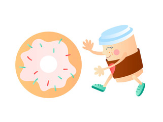 Сup with coffee rolls a donut, the cartoon style vector illustration
