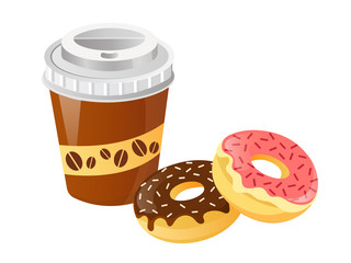 Coffee cups and donuts with icing vector illustration