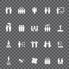 Simple Set of Team Work Related Vector Icons. Contains such Icons as Collaboration, Research, Meeting and more.