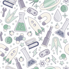 Fototapeta na wymiar Back to school pattern. Science flat seamless pattern with scientific elements - molecule, atom structure, rocket, books, water and other on one simple educational and school seamless pattern.