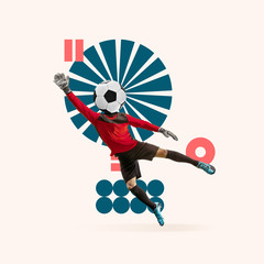 Creative sport and geometric style. Football, soccer player in action, motion on light background. Negative space to insert your text or ad. Modern design. Contemporary colorful and bright art collage