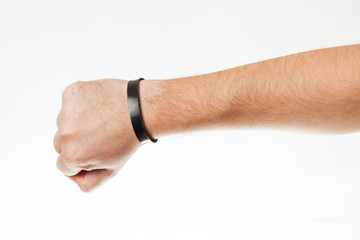 Security black rubber bracelet mockup. Paper branding wristband.