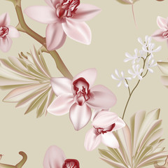 Floral boho style orchid soft green pink background. Tropical exotic paradise realistic pattern. Summer bloom leaves and flowers nature illustration. Plant decoration in vector