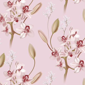 Pink ochid floral pastel realisitic pattern background.  Vector  bouquet design: garden pink orchids flower, Orchidaceae with buds, soft green background. Wedding invite card Watercolor template