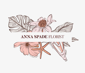 Outline magnolia flowers, monstera leaves, seashells and stars hand-drawn graphics. Sketch garden illustration collection for banner, advertisinfg, wedding, logo, branding