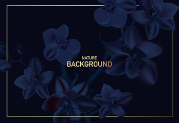 Navy orchid floral wedding invitation card template design, contrast dark  flowers on dark blue background, modern vintage style banner. realistic vector with gold letters © milatoo