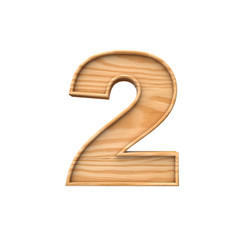 Wooden number 2 symbol. 3D Rendering