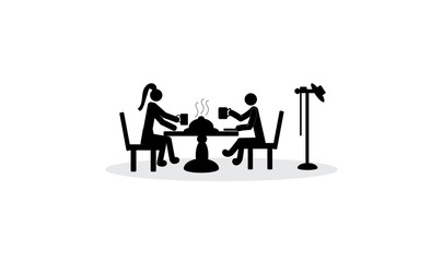 stick man couple young people at table restaurant cafe hot food drink figurine pictogram icon isolated on white background