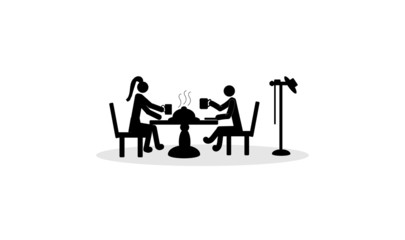 stick man couple young people at table restaurant cafe hot food drink figurine pictogram icon isolated on white background