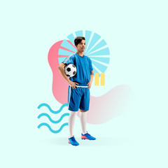 Creative sport and geometric style. Football, soccer player in action, motion on green background. Negative space to insert your text or ad. Modern design. Contemporary colorful and bright art collage