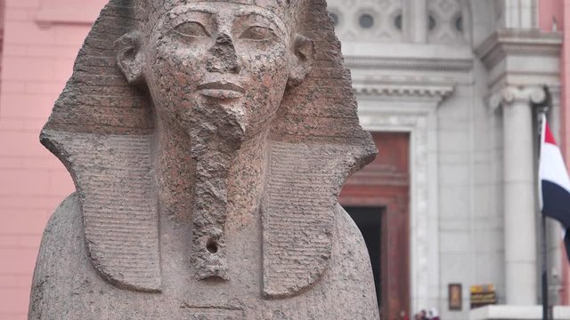 Ancient Egyptian sphinx sculpture outside the Egyptian Museum in Cairo, known commonly as Museum of Egyptian antiquities