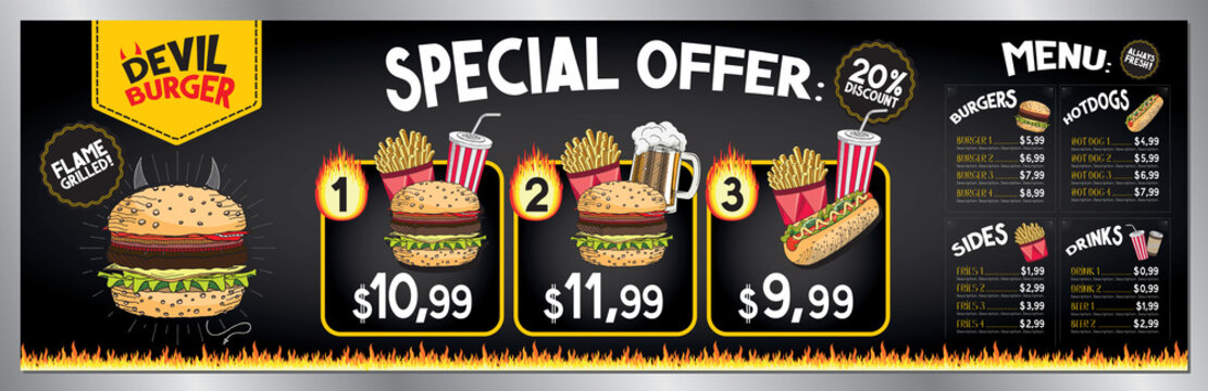 Devil Burger Bar Menu Template - Price List/ Ordering Board/ Banner (burgers, French Fries, Hot-dogs, Drinks) - 200 X 60 Cm