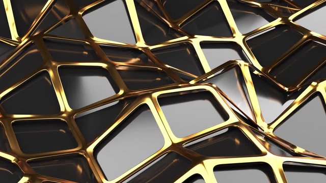 The golden and polygonal lowpoly grille has a black reflective surface in a minimalist design. Abstract 3d 4K High Quality reder animation seamless background