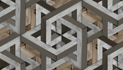 3D Wallpaper in the form of imitation of decorative mosaic of wood ,white marble, black leather and gold decor - obrazy, fototapety, plakaty