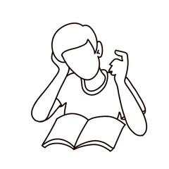 Boy with a book. Reading boy. Man holding open book. Back to school outline concept