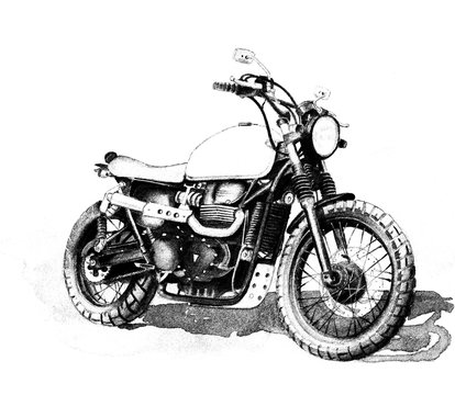 Black and white sketch of  a motorcycle with its shadow