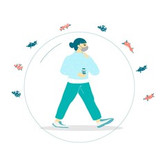 a Chinese girl wearing a mask and carrying a jar of a viral drug to protect her from the coronavirus. vector illustration.