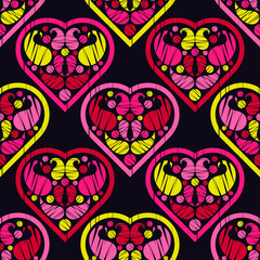 Ethnic boho ornament. Seamless pattern with decorative hearts. Valentine's day. Illustration for web design or print.