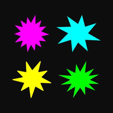 Set of bright starbursts on dark background. Collection of color flat explosions. Vector illustration.