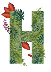 Letter H, illustration decorative alphabet with floral patterns