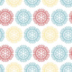 Hand drawn graphic mandala seamless pattern on a white background.