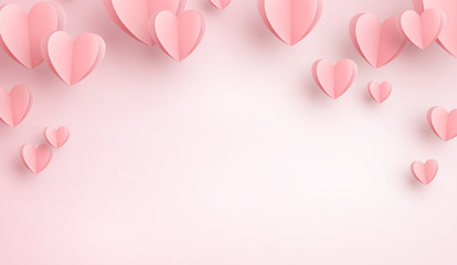 Paper elements in shape of heart flying on pink background. Vector symbols of love for Happy Women's, Mother's, Valentine's Day, birthday greeting card design..
