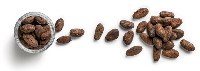 Cocoa beans on a white background. The view from the top