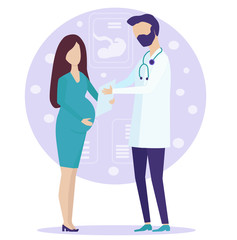 Obraz premium the gynecologist explains to the pregnant woman the treatment plan, the results of tests, and tells about her condition. White coat, third trimester, medicine.