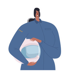 An afro-american female astronaut stands and holds a spacesuit helmet in his hand. The concept of the profession of women pilot