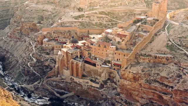 Mara Saba monastery in the southern mountains of Israel, 4k aerial drone view